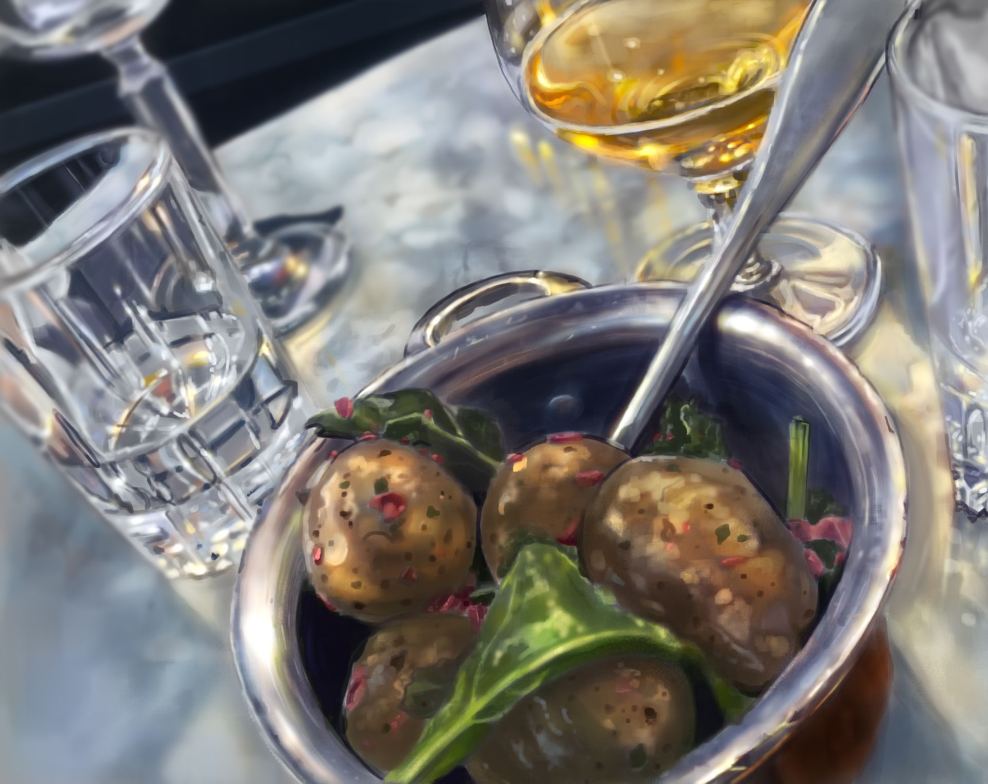illustration av Anders Kindberg med hög realism, föreställande ett dukat bord