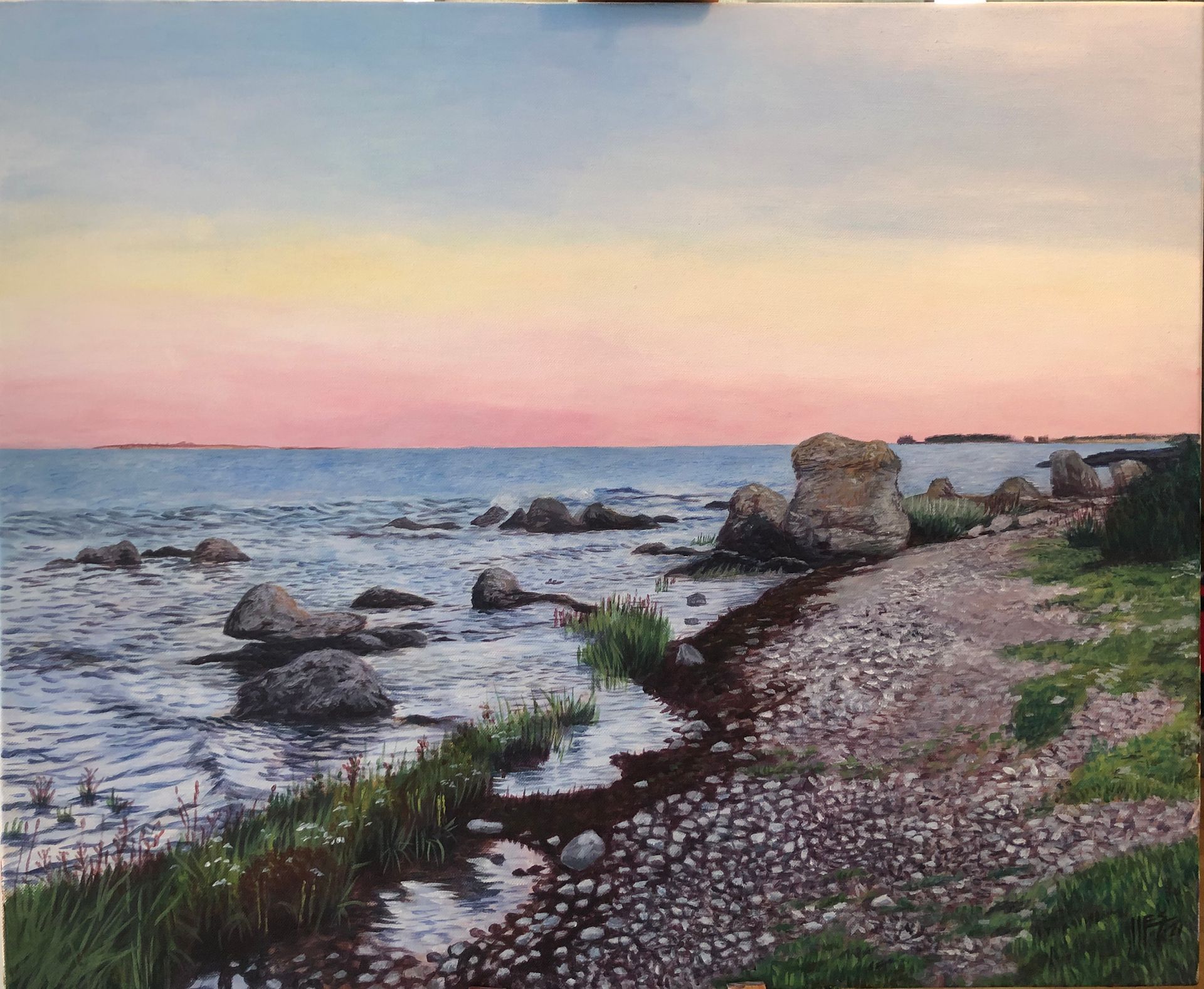 målning av Jörgen Westin som föreställer en strand strax vid Ljugarn strax efter solnedgången