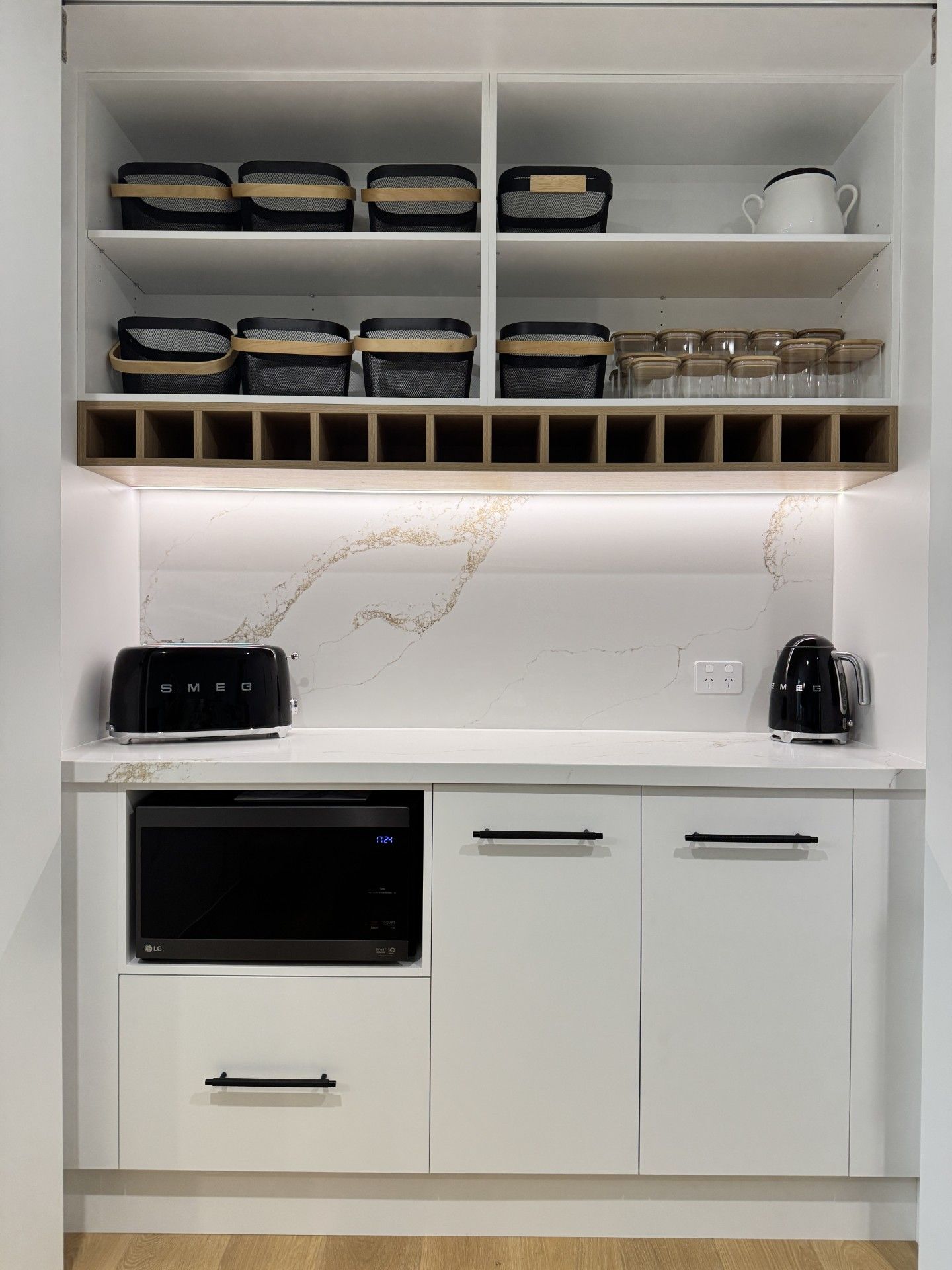 Modern White Kitchen with Open Shelves, Built-In Oven, Countertop Appliances, and Under-Cabinet Lighting — JDS Kitchens & Detailed Joinery in Albion Park Rail, NSW