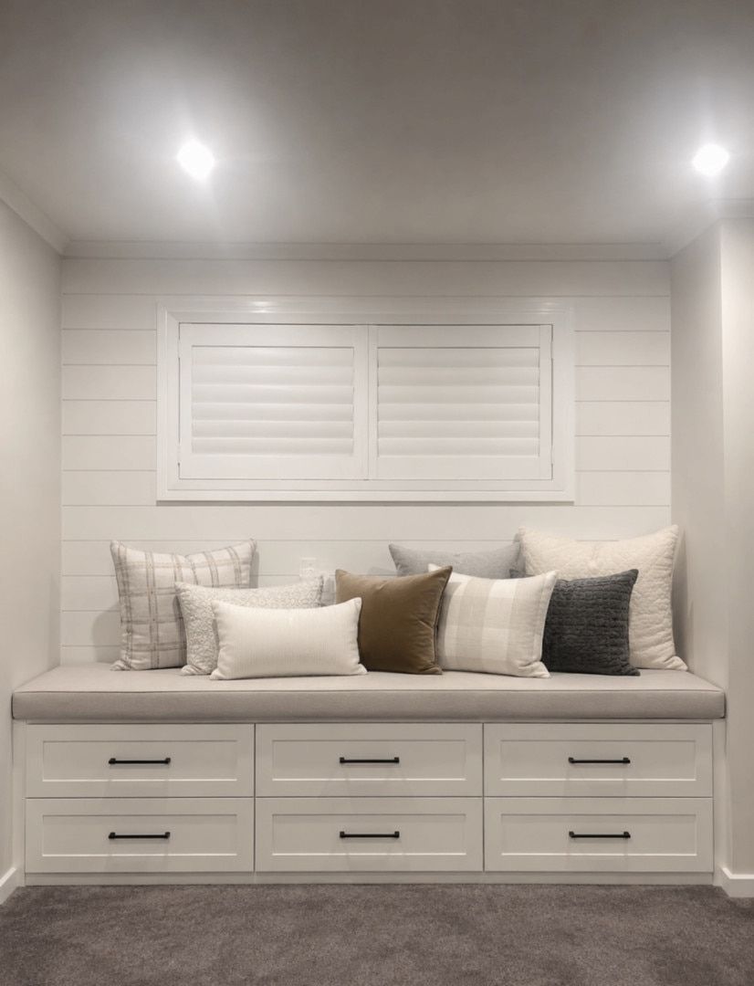 Built-in Window Seat With White Drawers, Gray Cushion — JDS Kitchens & Detailed Joinery in Albion Park Rail, NSW