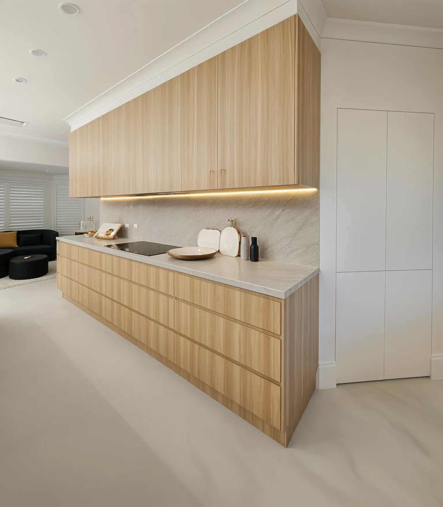 Light Wood Kitchen Cabinetry with White Countertop in A Bright, Minimalist Interior — JDS Kitchens & Detailed Joinery in Albion Park Rail, NSW