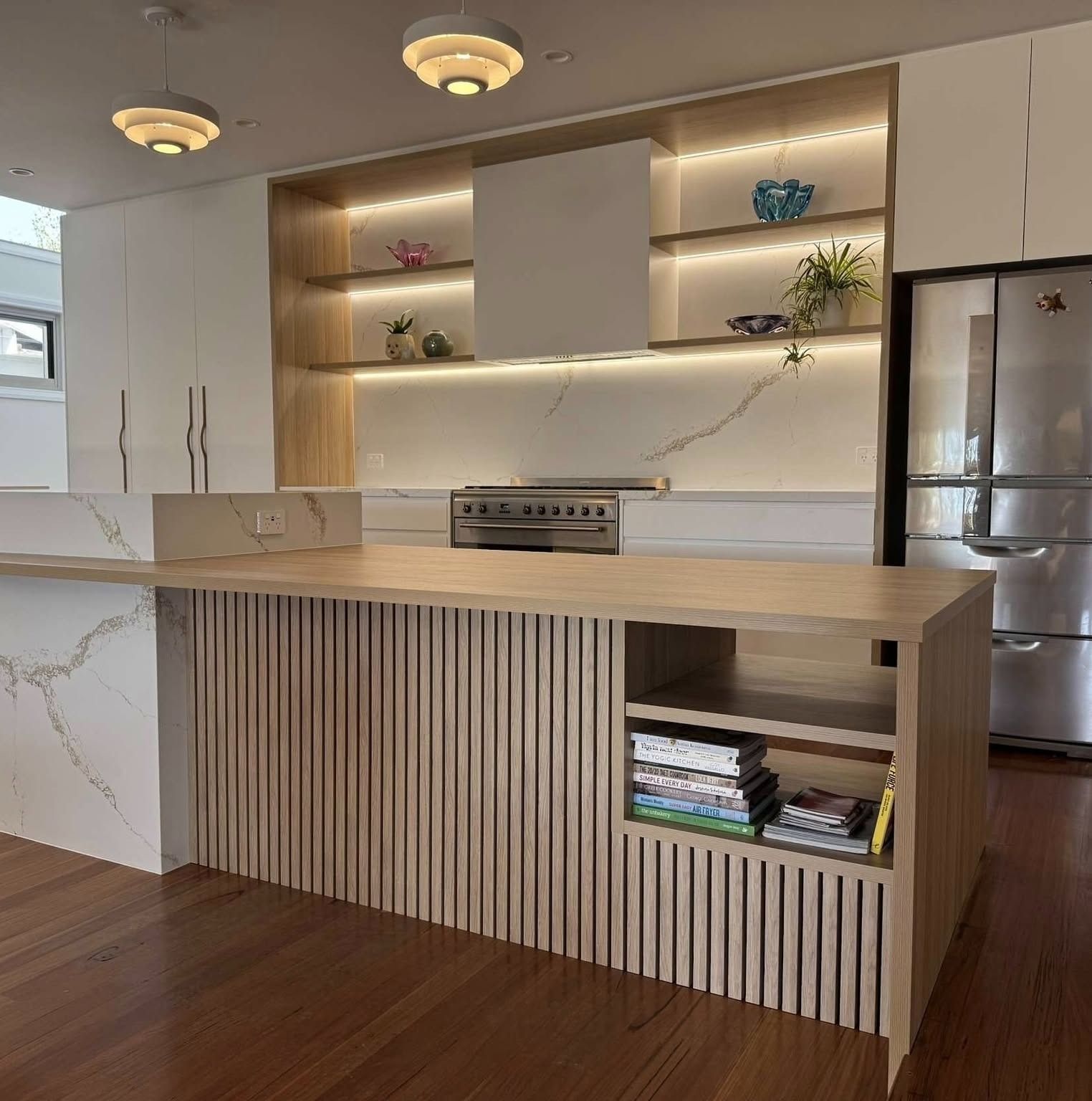 Modern Kitchen with Wood Island, White Cabinets, Open Shelves, and Stainless Steel Appliances — JDS Kitchens & Detailed Joinery in Albion Park Rail, NSW