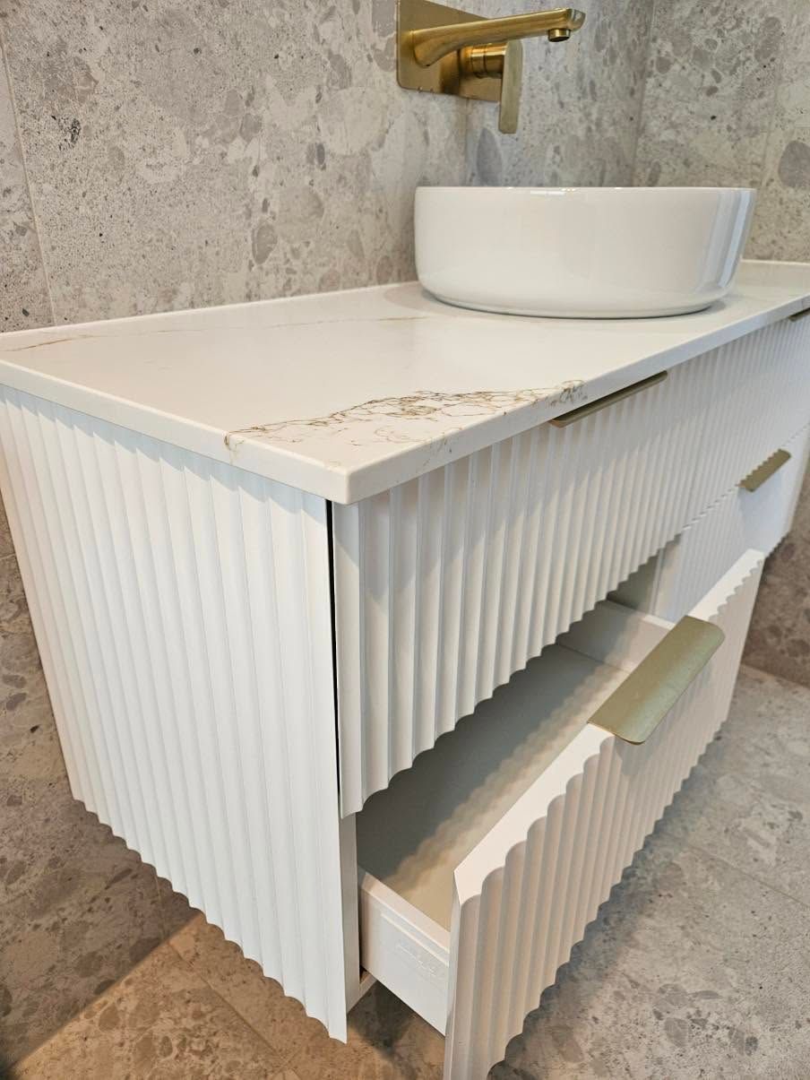 White Ribbed Bathroom Vanity With White Vessel Sink — JDS Kitchens & Detailed Joinery in Albion Park Rail, NSW