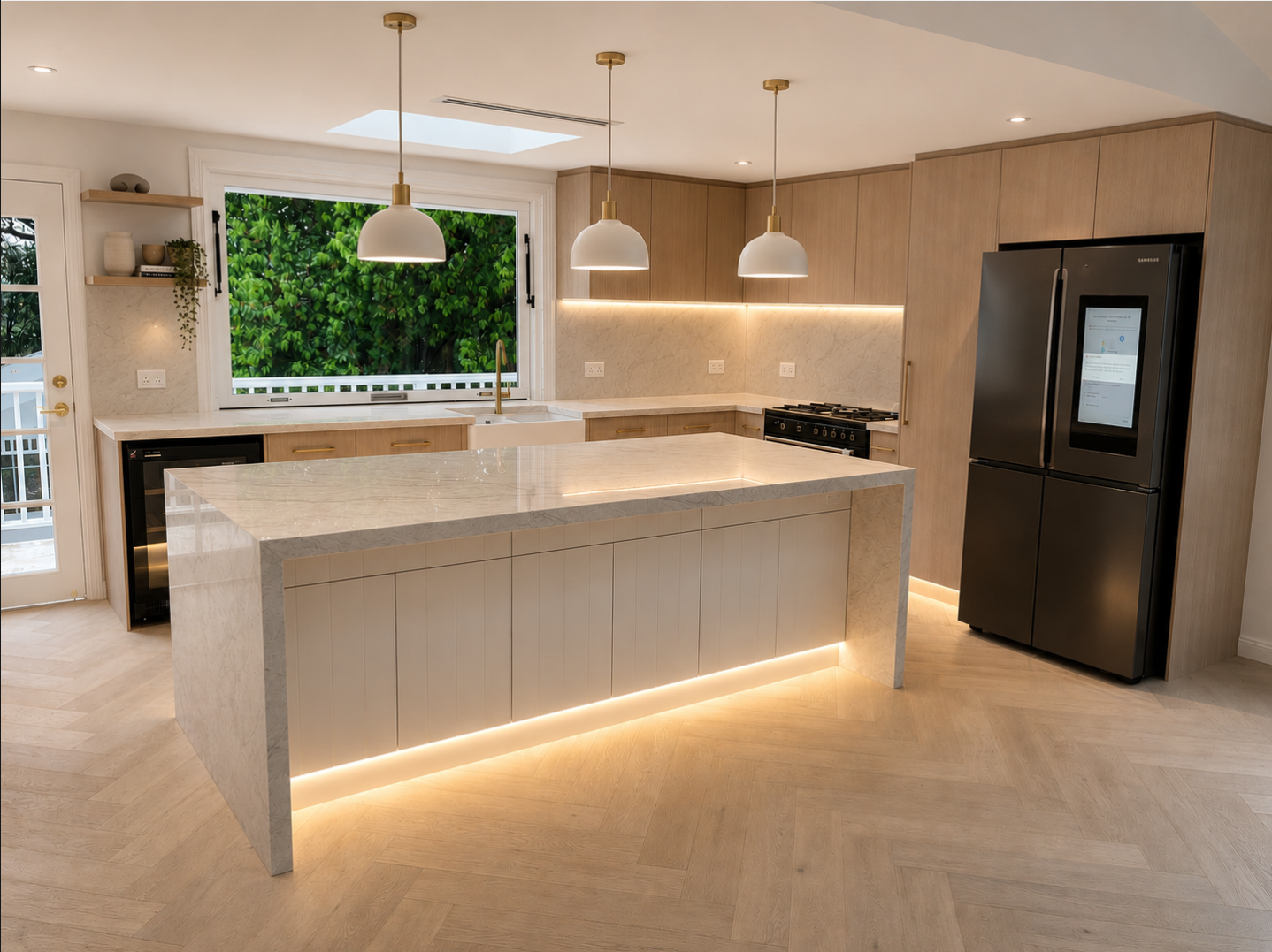 Modern kitchen with large island, pendant lights, white cabinets, and a black refrigerator — JDS Kitchens & Detailed Joinery in Albion Park Rail, NSW