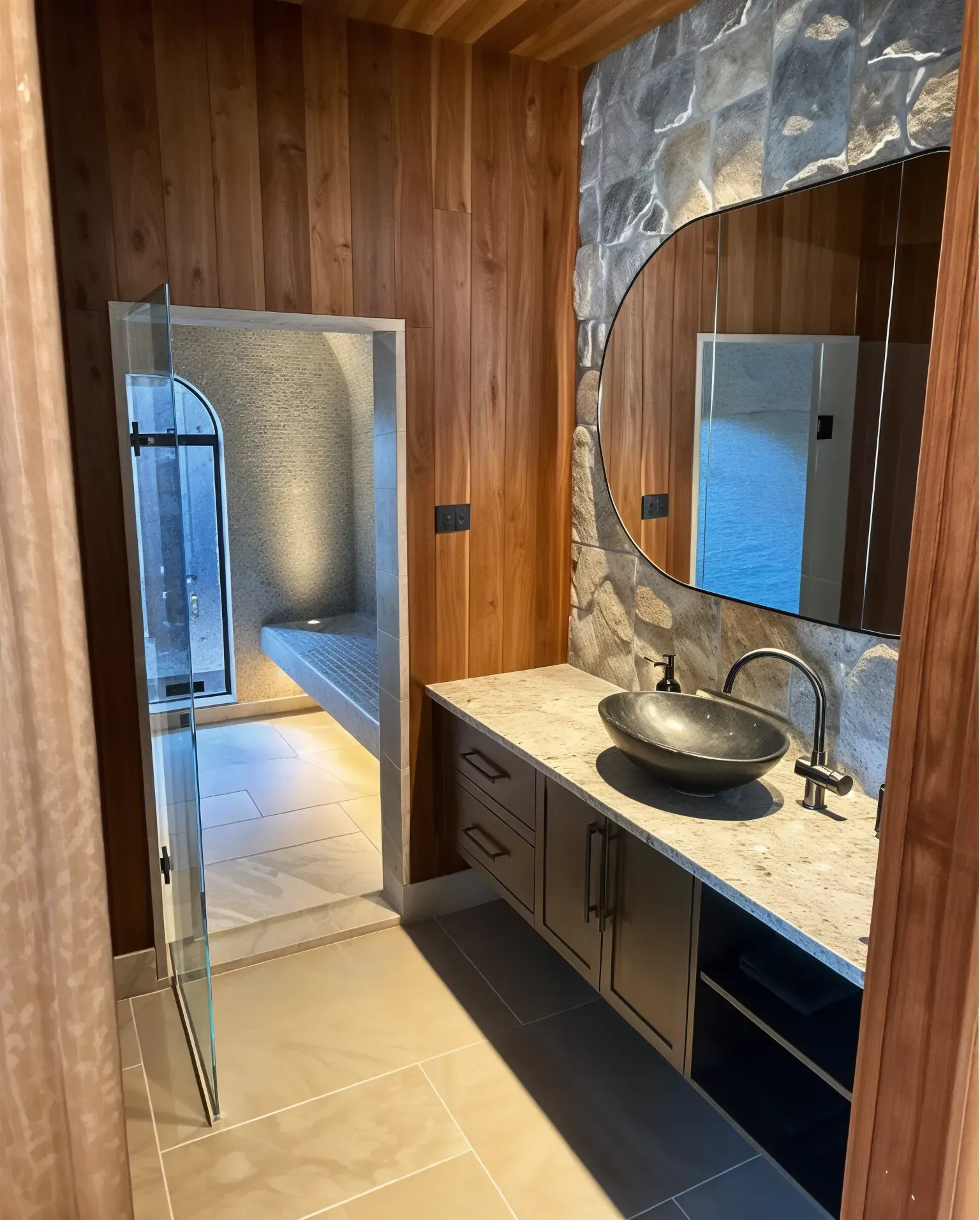 Stone Vanity in a Wooden Bathroom Hallway With Sink — JDS Kitchens & Detailed Joinery in Albion Park Rail, NSW