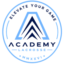 Blue and navy Academy Lacrosse logo with &ldquo;Elevate Your Game&rdquo; and &ldquo;MMXXVI&rdquo; text.