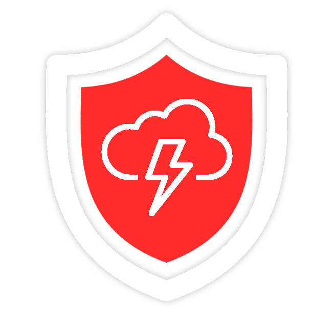 Red shield icon with white cloud and lightning bolt symbol