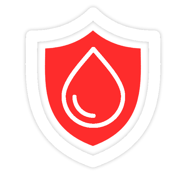 Red shield icon with a white water droplet symbol on a white background