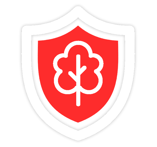 Red shield icon with a white tree-like symbol and vertical line in the center