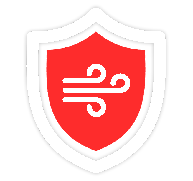 Red shield icon with white wind lines inside, on a white background