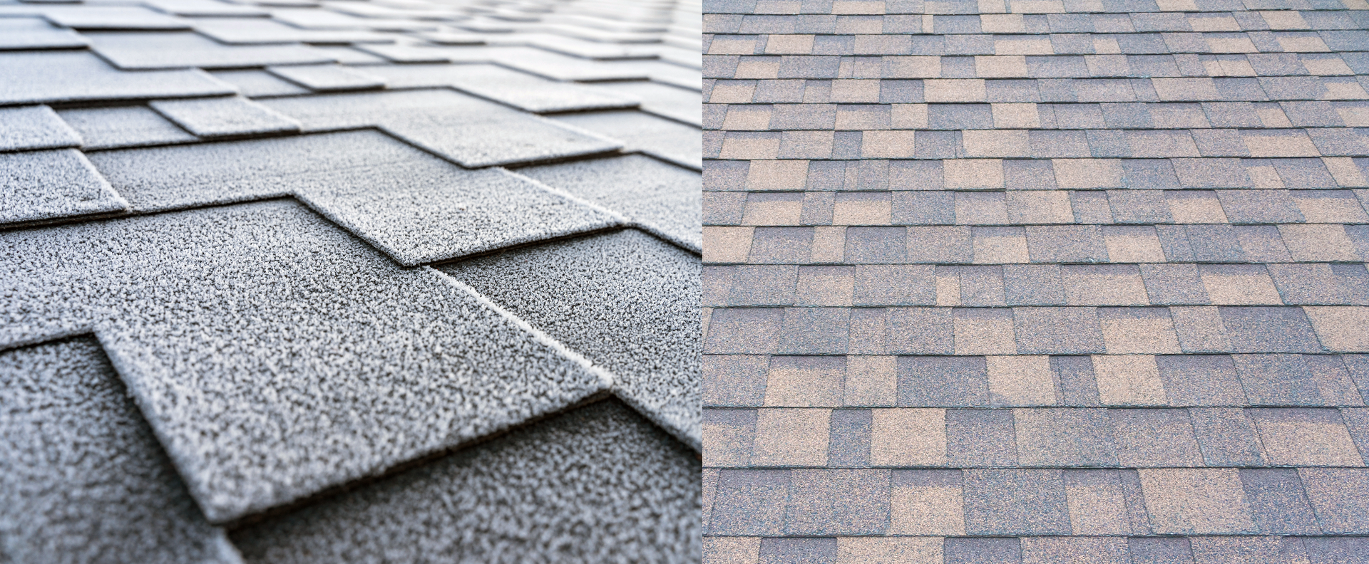 Close-up of two shingle roofs: gray composite shingles on the left and tan-brown shingles on the right