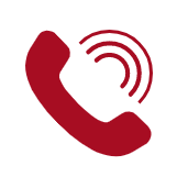Red phone handset with ringing signal arcs icon on a white background