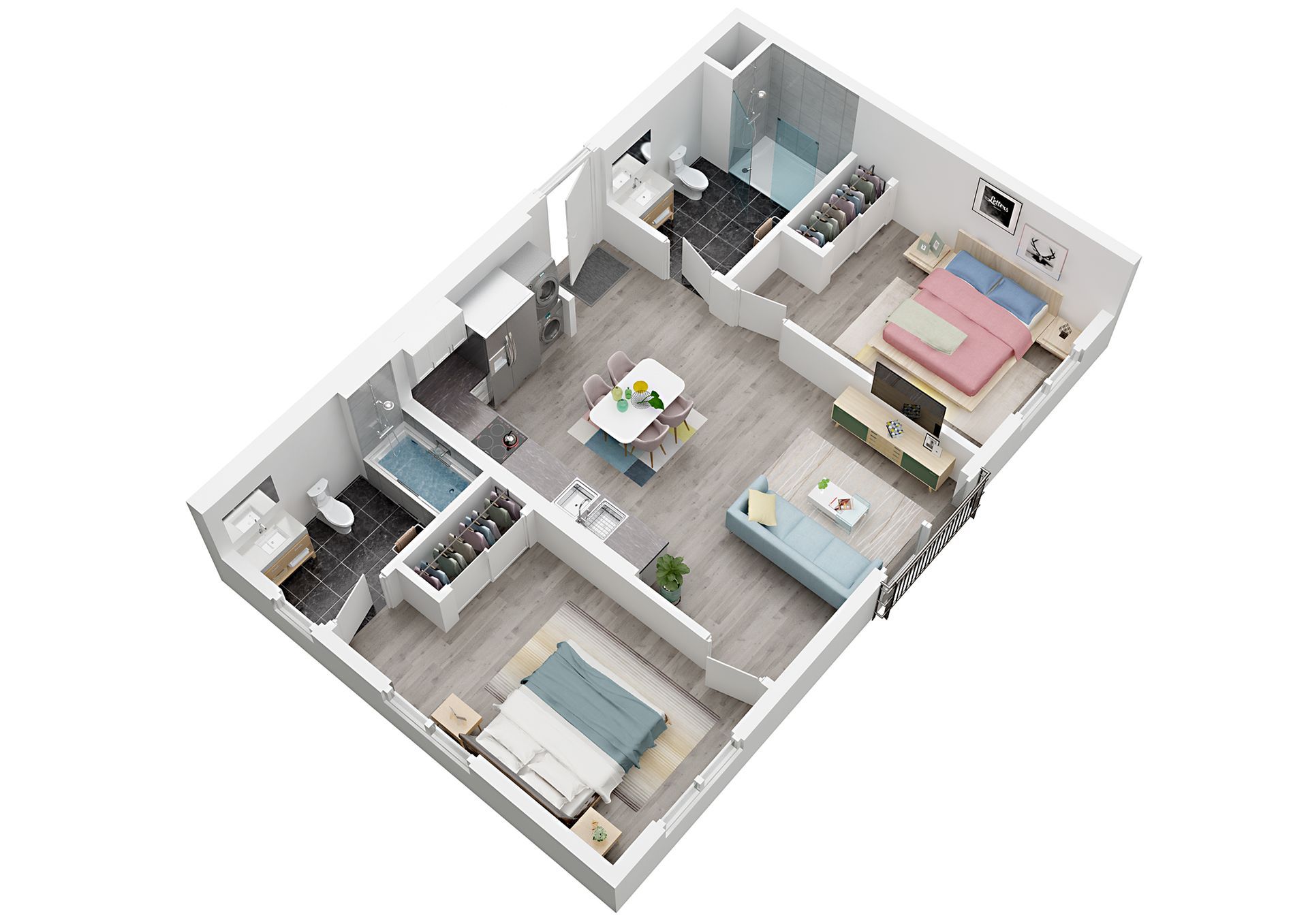 An aerial view of a 3d floor plan of a house.
