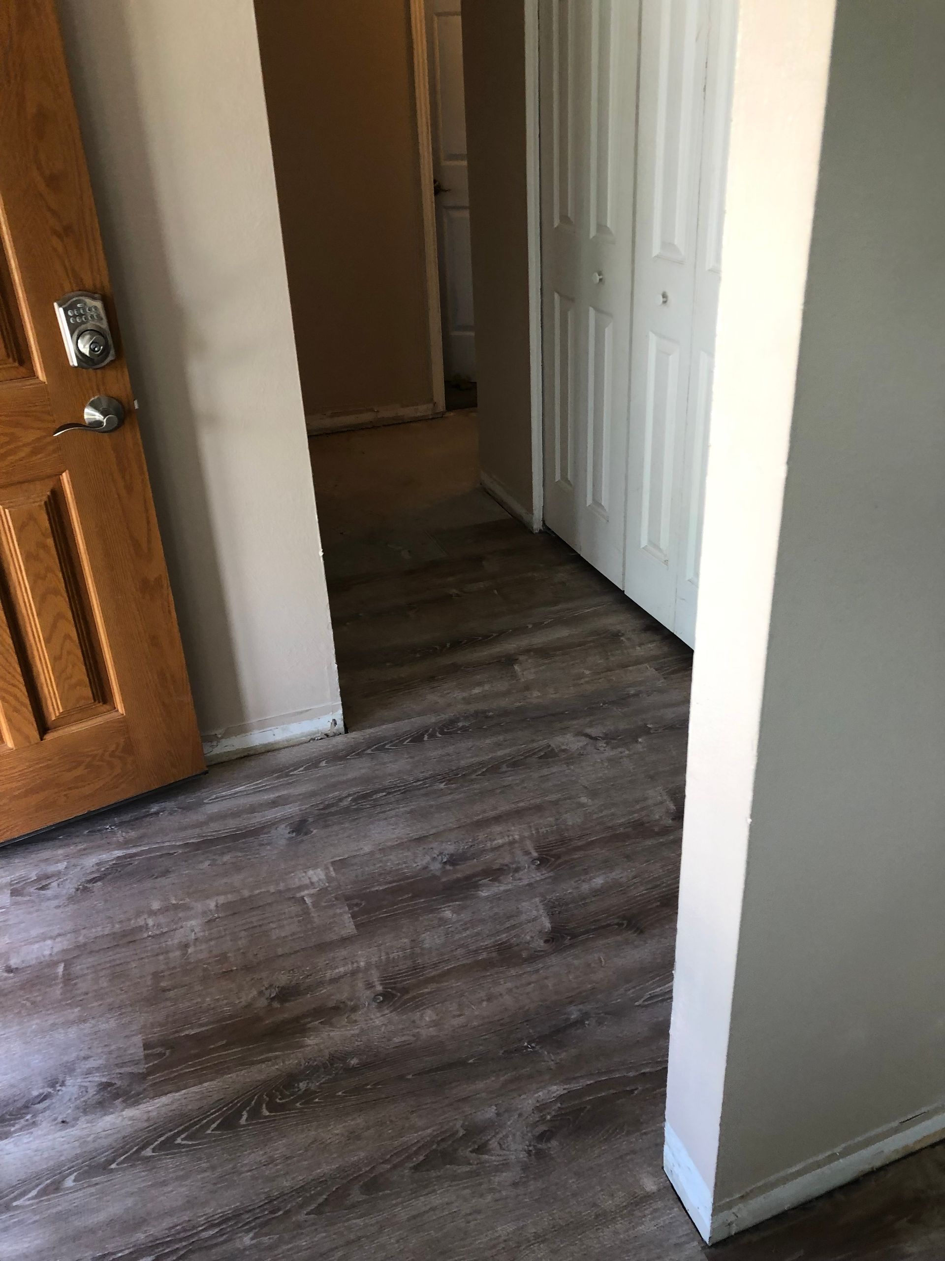 A hallway with a wooden floor and a door leading to a closet.