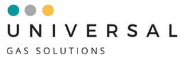 Logo for Universal Gas Solutions: teal, gray, and gold dots above black text.