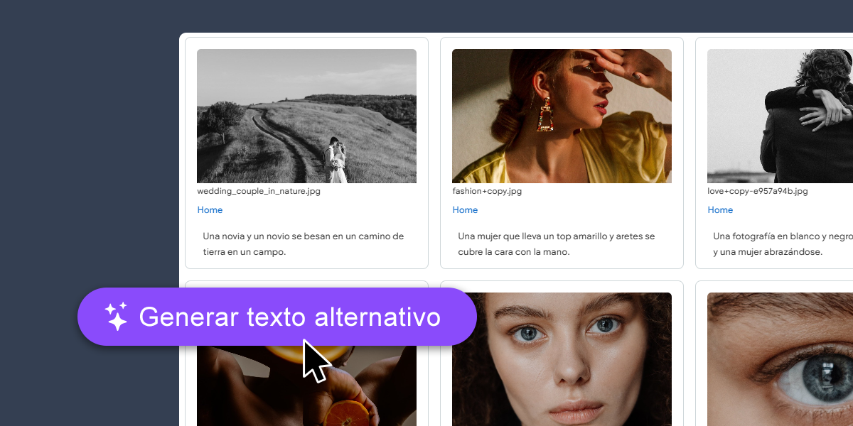 Una captura de pantalla de un sitio web con un botón morado que dice generar texto alternativo.