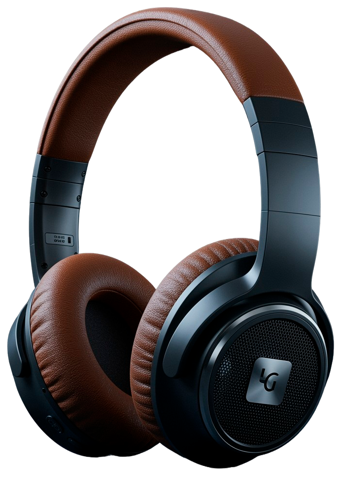 Un par de auriculares con almohadillas marrones sobre un fondo blanco.