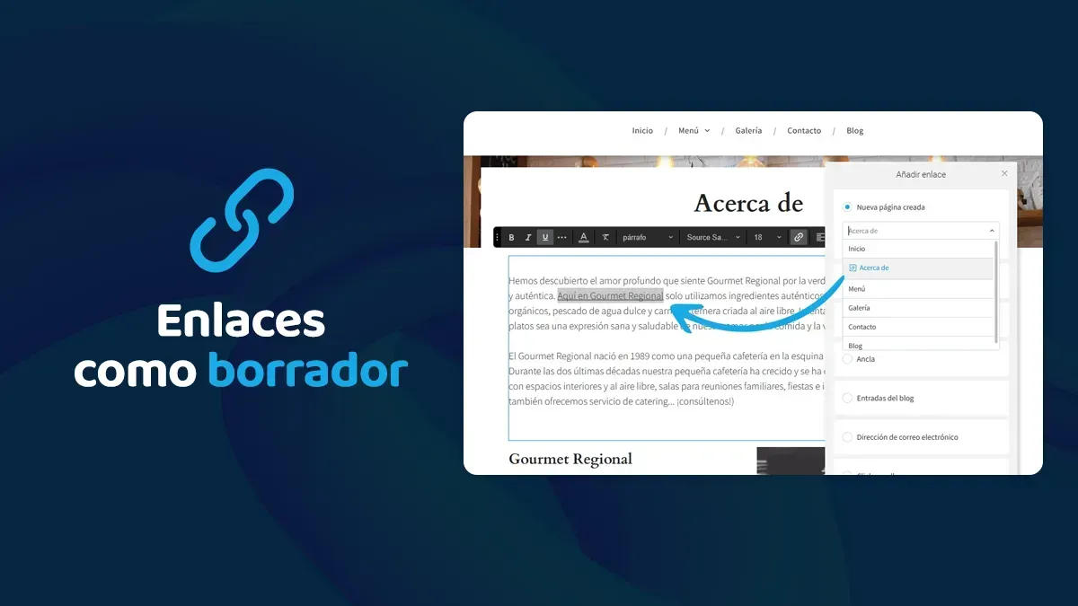 Una captura de pantalla de un sitio web con las palabras enlaces como borrador en la parte inferior.