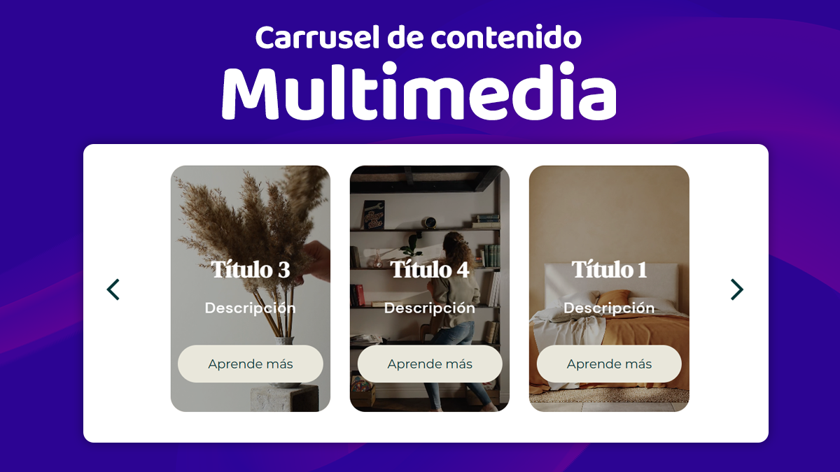 Un carrusel de contenidos multimedia con tres imágenes sobre fondo morado.