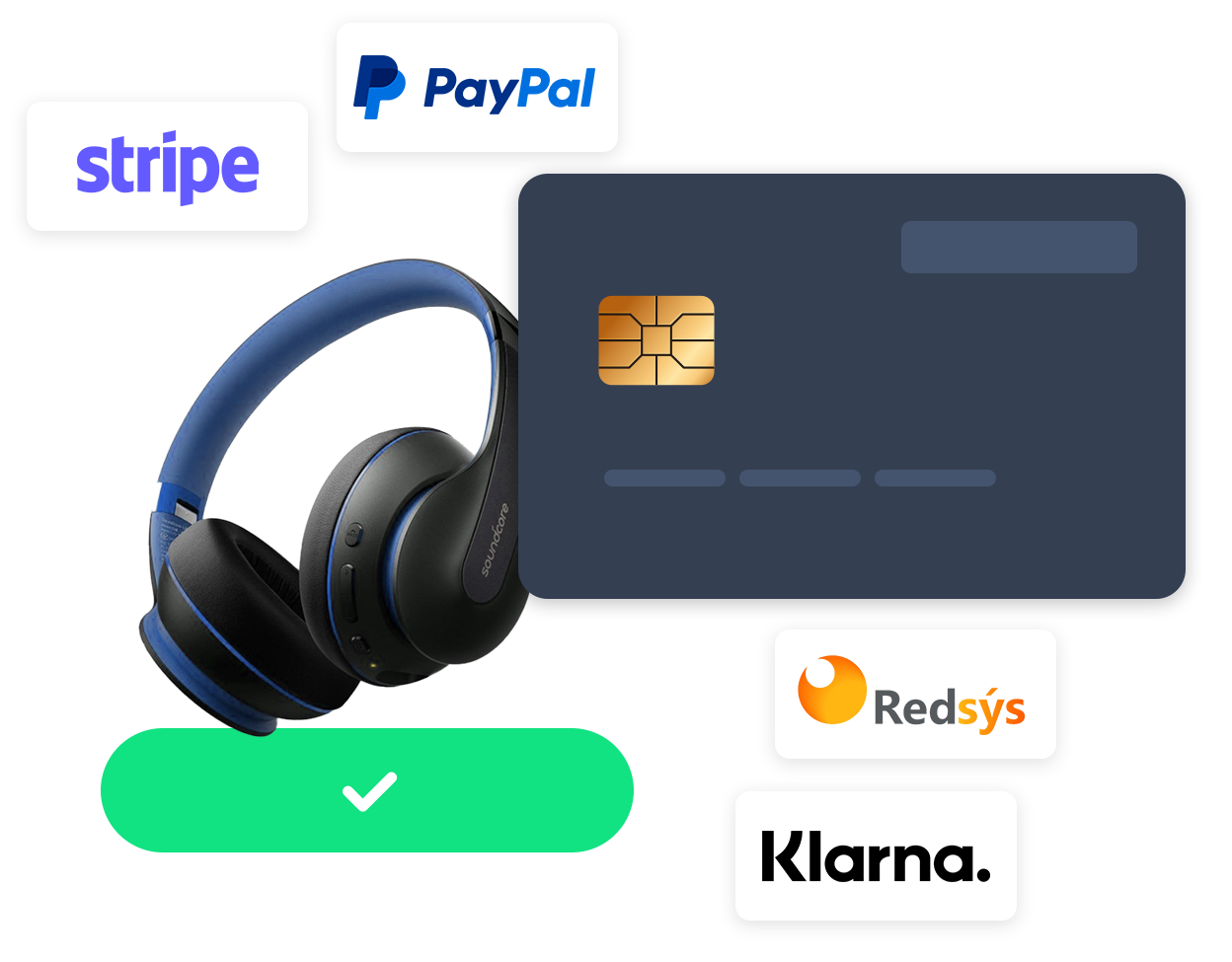 un par de auriculares y una tarjeta de crédito con los logos de paypal y stripe