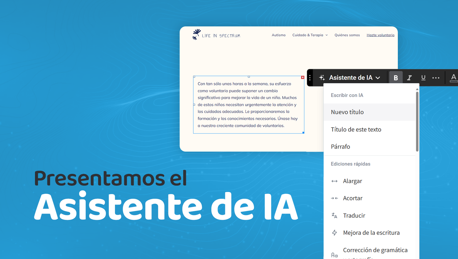 Un fondo azul con las palabras presentamos el asistente de ia.