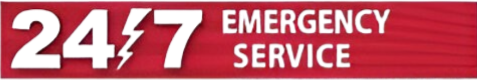 24/7 emergency service banner in red and white text