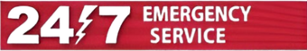 24/7 emergency service banner in red and white text