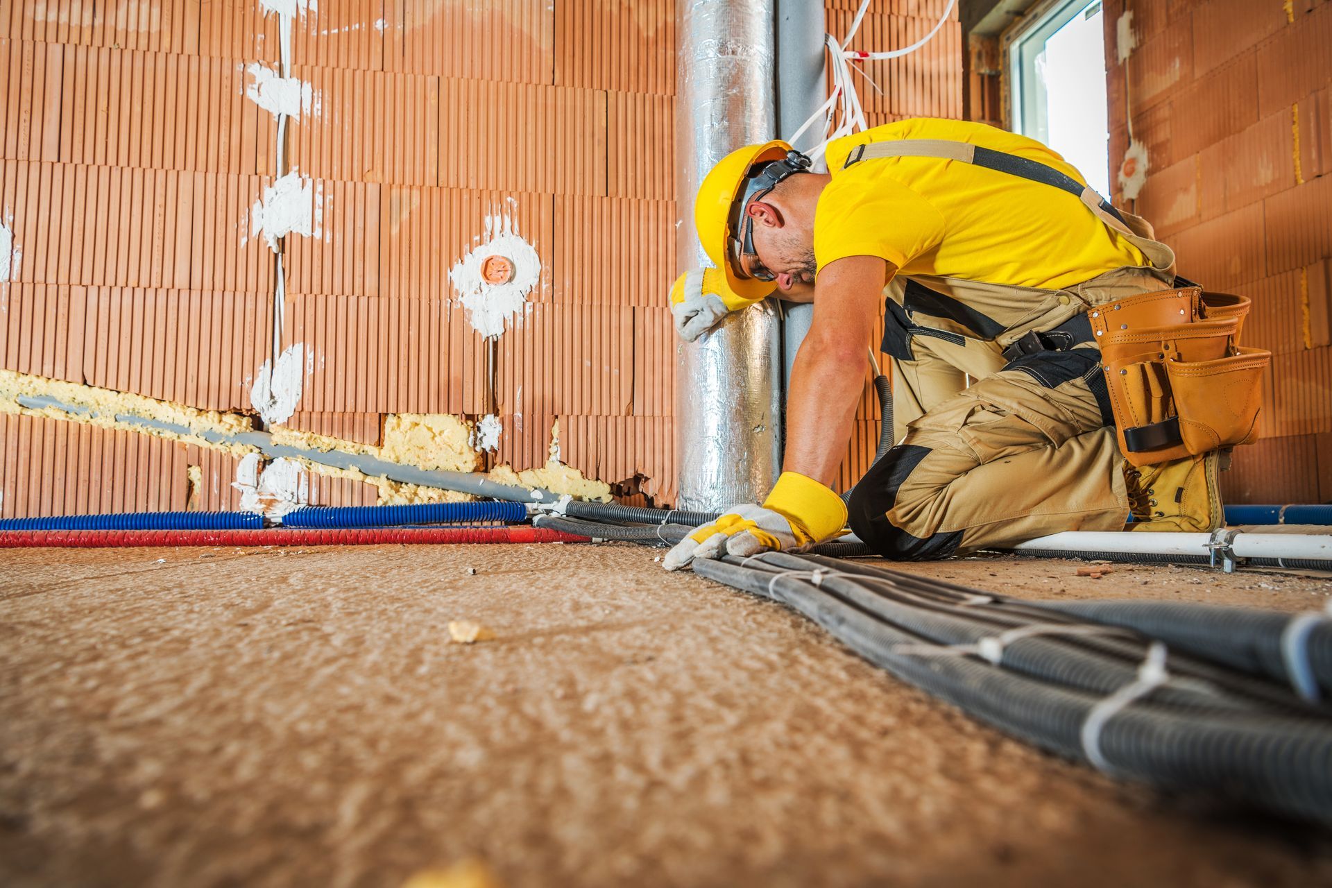 Construction worker in yellow gear kneeling on a floor, working beside pipes and cables indoors