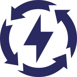Dark blue circular arrows around a white lightning bolt icon