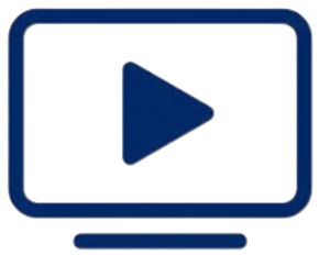 Blue video play icon on a screen, with a triangular play button inside a rounded rectangle