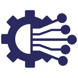 Blue gear with a circuit-style half circle and connected lines ending in dots, symbolizing technology