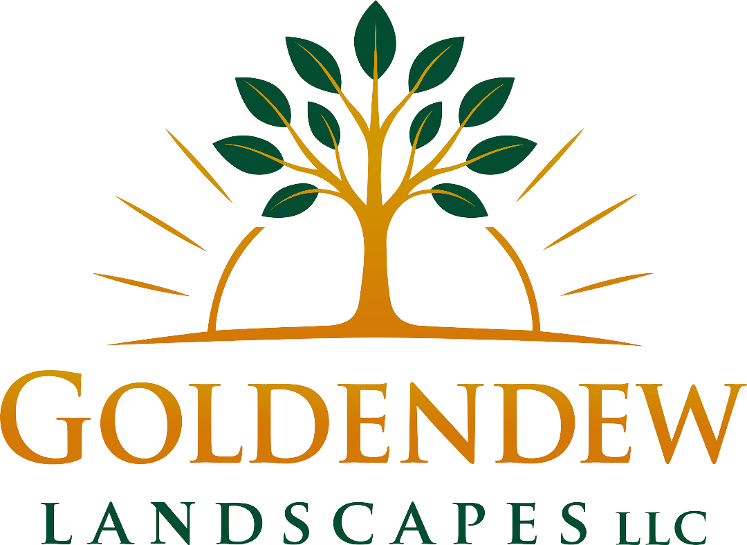 Logo for Goldendew Landscapes LLC featuring a stylized golden tree with dark green leaves above a rising sun arc.