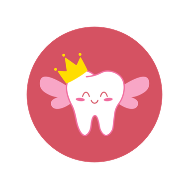 Tooth with crown and wings, smiling on a red background.