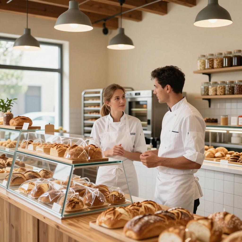 Twee bakkers in een lichte bakkerij bespreken gebak achter een glazen vitrine.