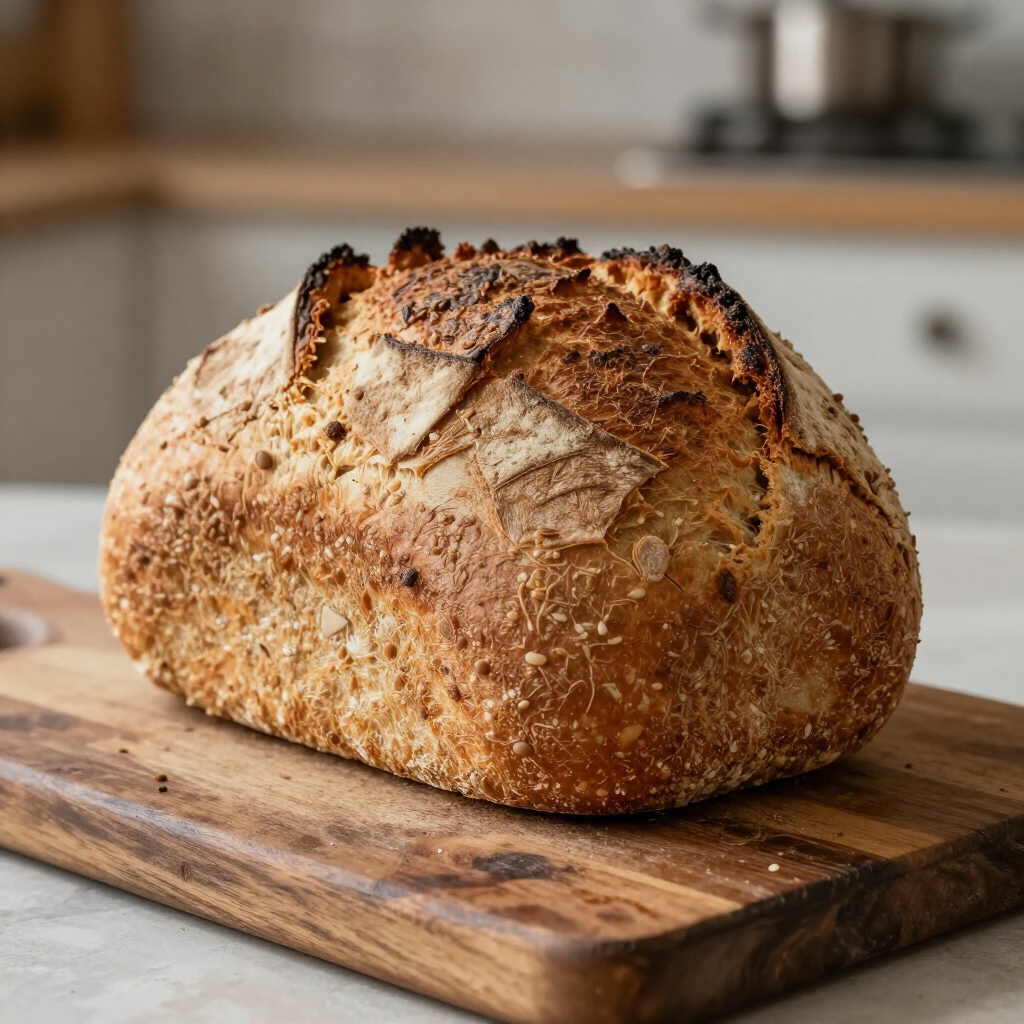 Een rustiek, ambachtelijk brood op een houten snijplank in een keuken.