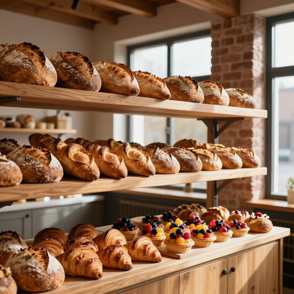 Vers brood en gebak uitgestald op houten planken in een lichte bakkerij.