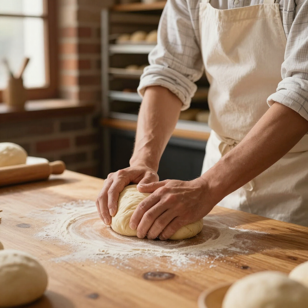 Handen kneden deeg op een met bloem bestrooid houten tafelblad in een bakkerijkeuken.