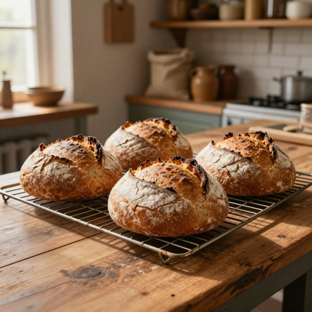 Vier rustieke broden met een knapperige korst liggen af ​​te koelen op een rooster in een keuken, op een houten tafel.