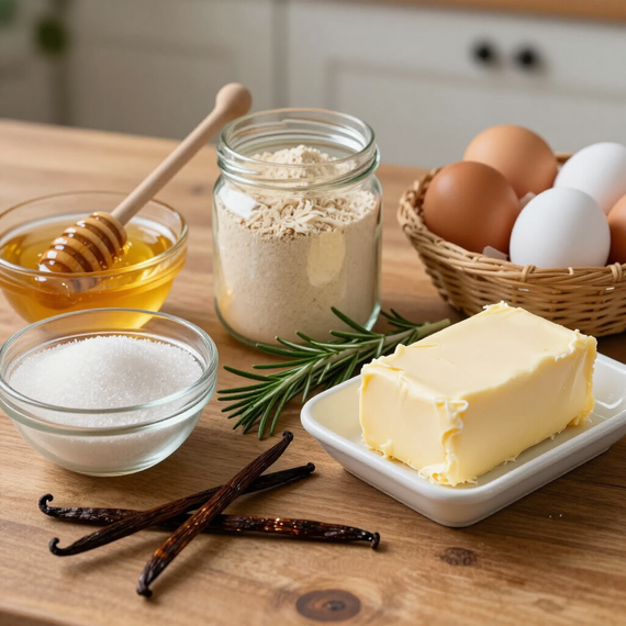 Bakbenodigdheden op een houten tafel: bloem, suiker, honing, vanillepeulen, rozemarijn, eieren en boter.