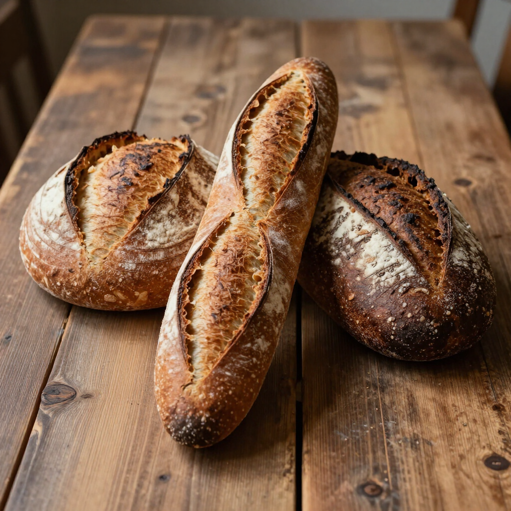 Vier rustieke broden van ambachtelijk brood op een houten tafel.