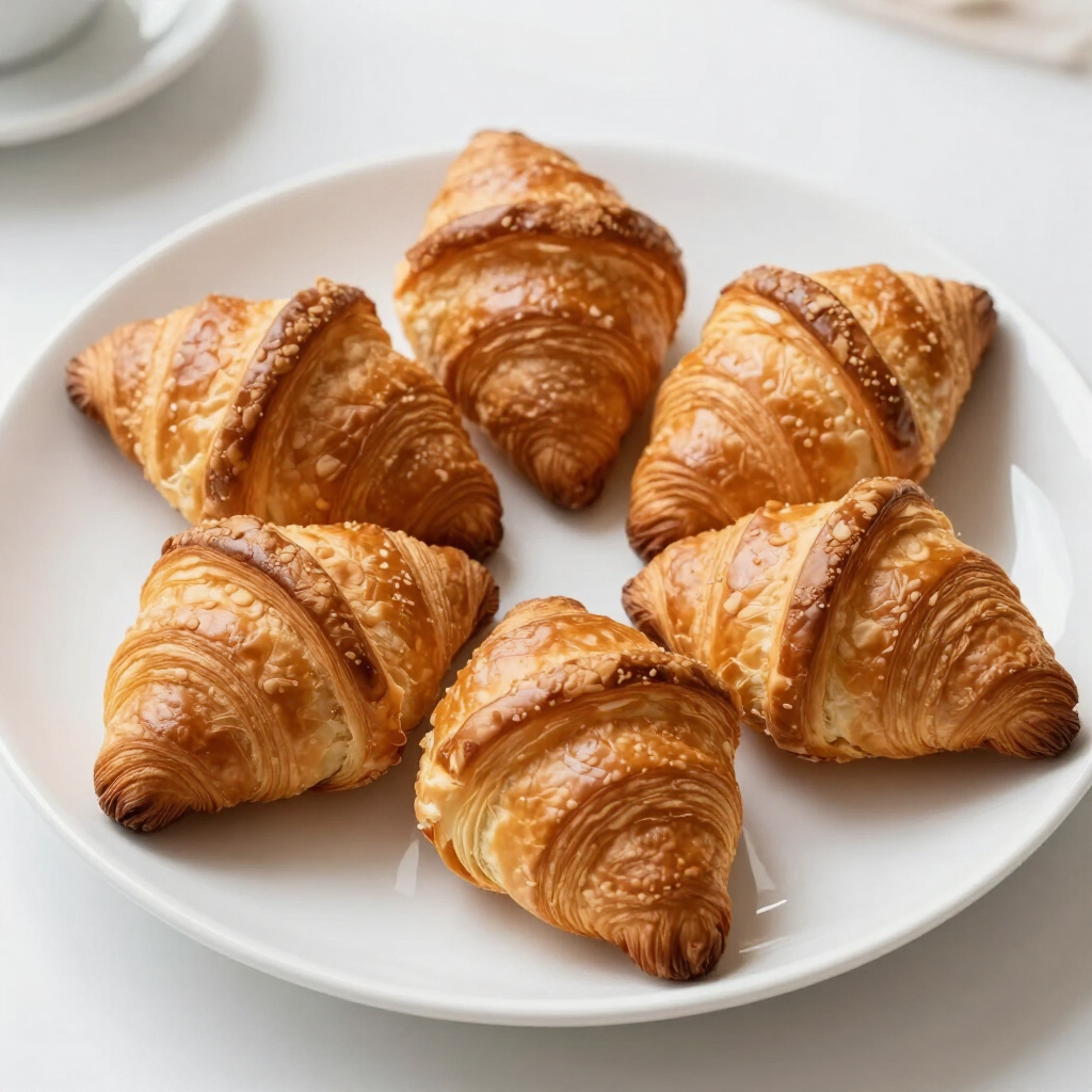 Zes goudbruine croissants op een wit bord.
