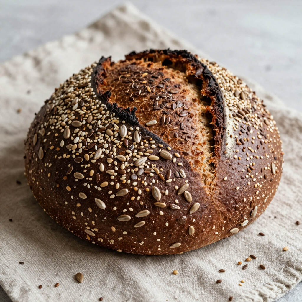 Rond, rustiek brood met zaden en een ingesneden korst, geserveerd op een licht doek.