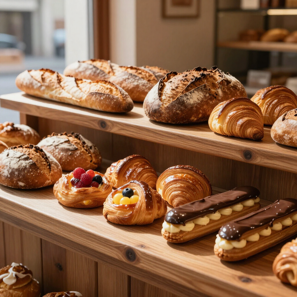 Diverse soorten versgebakken brood en gebak uitgestald op houten planken in een bakkerij.