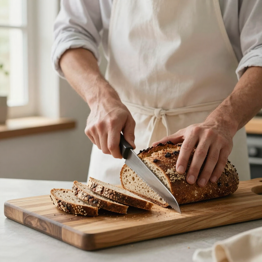 Iemand snijdt een brood met zaden op een houten snijplank in een lichte keuken.