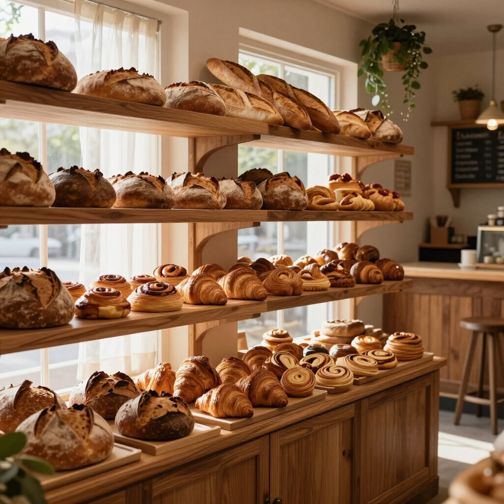 Bakkerijpresentatie van diverse gebakjes en broden op houten planken in een warme, zonnige winkel.
