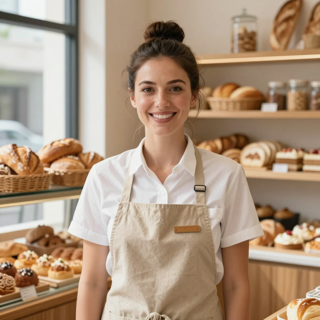 Bakkerijmedewerker in een wit shirt en beige schort staat glimlachend voor schappen vol verse gebakjes.