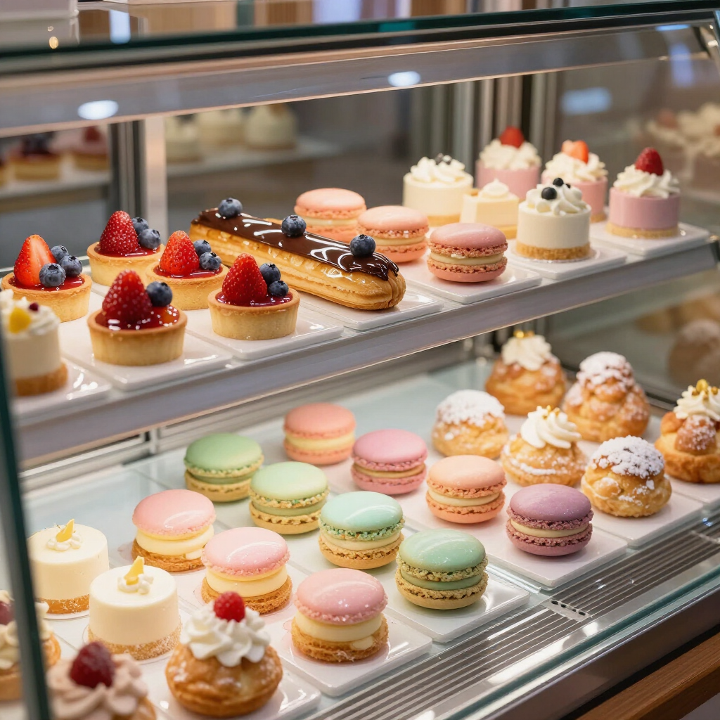 Een assortiment kleurrijke gebakjes en macarons uitgestald in een vitrine.