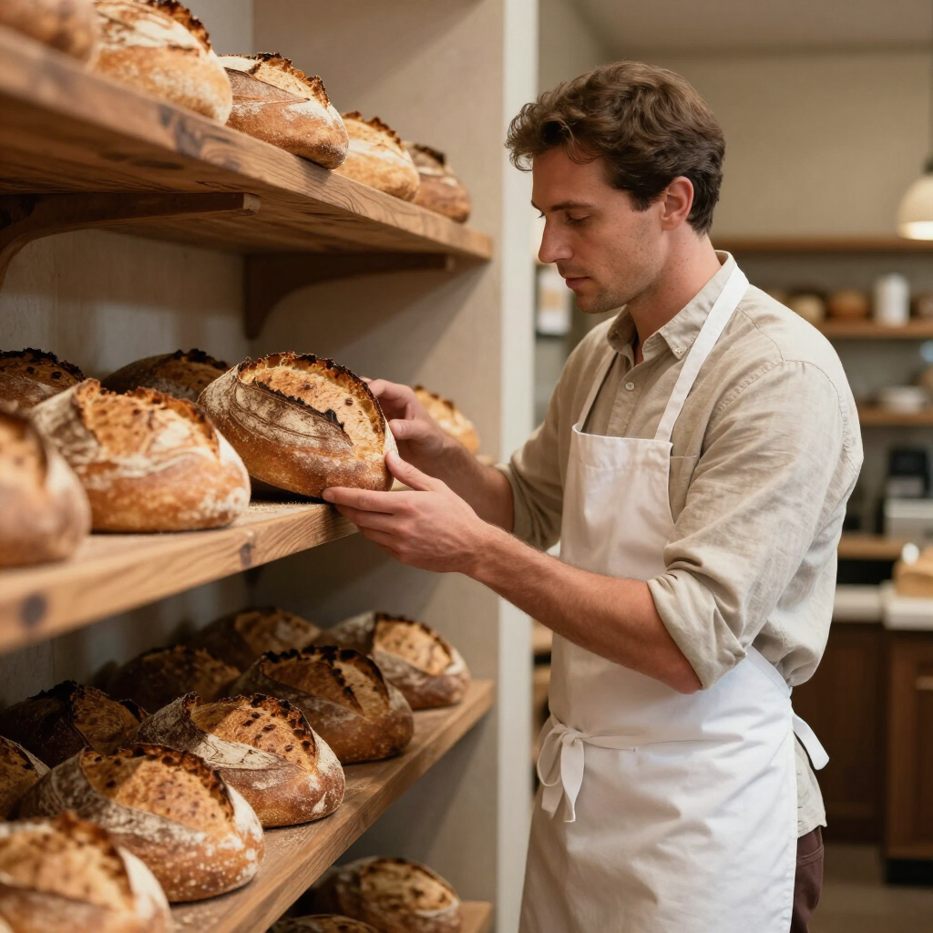 Een bakker in een wit schort kiest een brood uit de houten schappen van de bakkerij.