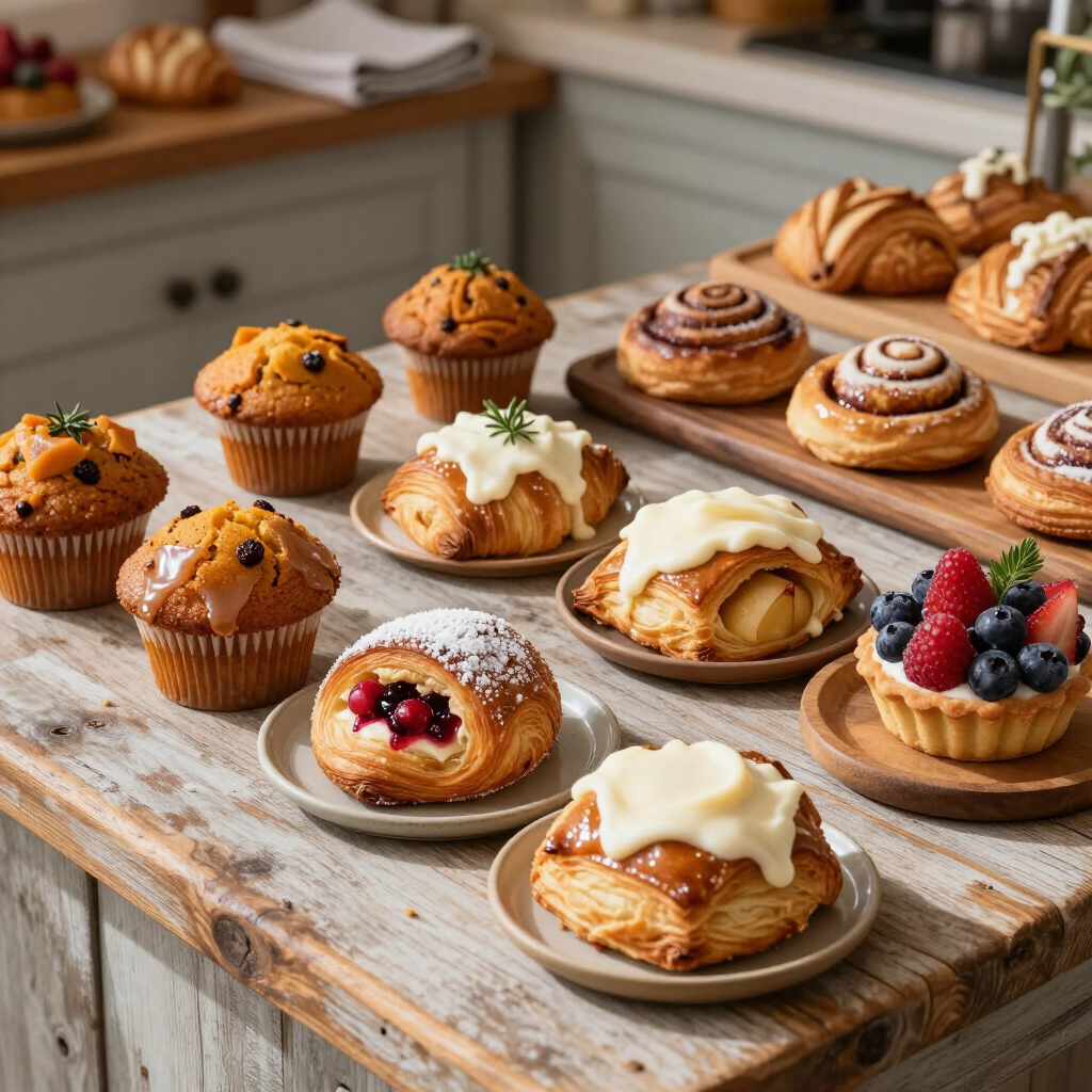Diverse gebakjes en muffins op houten planken en borden in een lichte keuken, gegarneerd met bessen en slagroom.