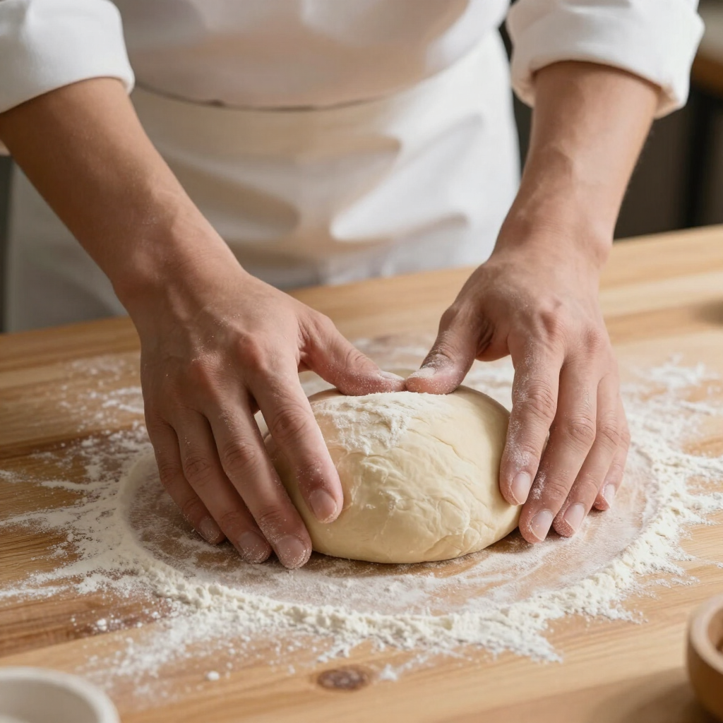 Handen kneden deeg op een met bloem bestrooid houten aanrecht in een keuken.